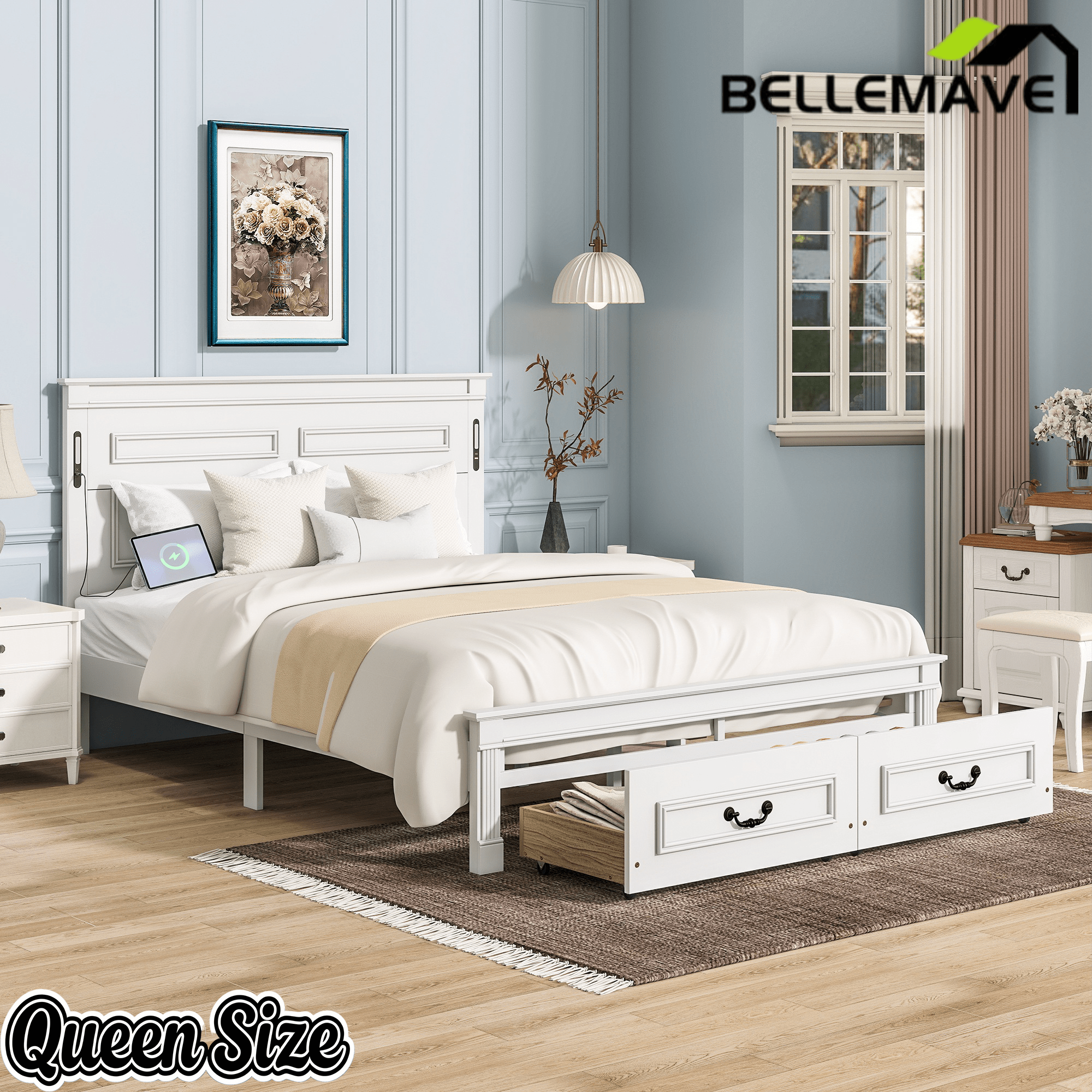 Bellemave® Farmhouse Solid Wood Platform Bed with 2 Storage Drawers,Tall Headboard,LED Lights & USB Charging Station - Bellemave