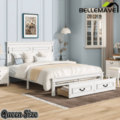 Bellemave® Farmhouse Solid Wood Platform Bed with 2 Storage Drawers,Tall Headboard,LED Lights & USB Charging Station - Bellemave
