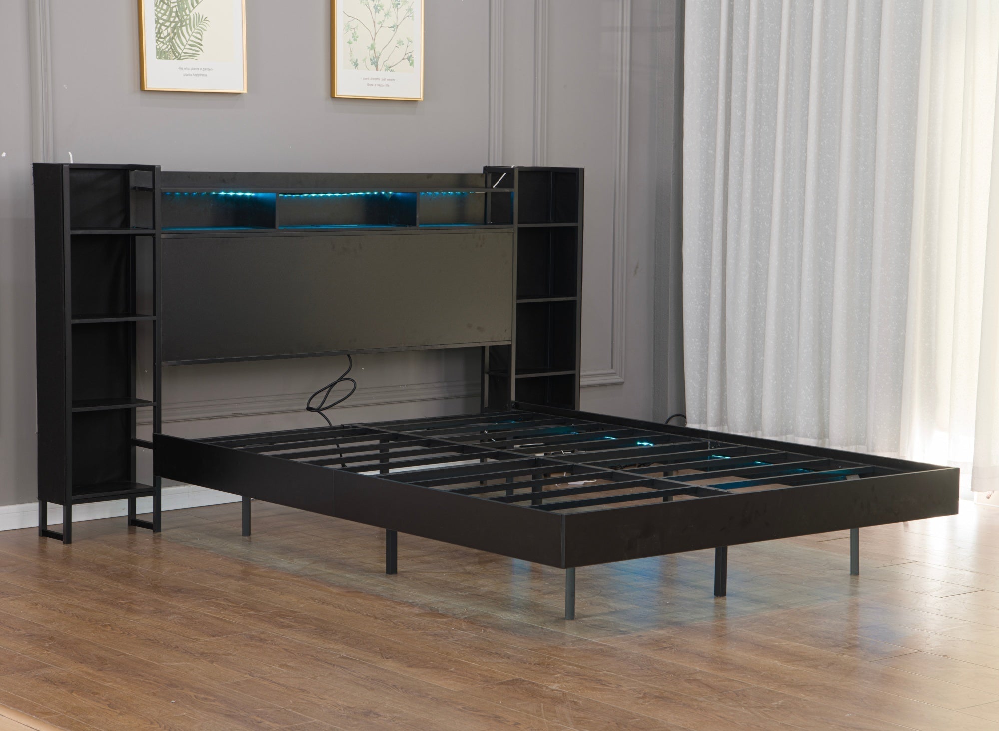Bellemave® Floating Bed Frame with LED Lights, Storage Headboard & Charing Station, Metal Platform Bed, No Box Spring Need - Bellemave