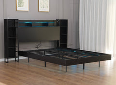 Bellemave® Floating Bed Frame with LED Lights, Storage Headboard & Charing Station, Metal Platform Bed, No Box Spring Need - Bellemave