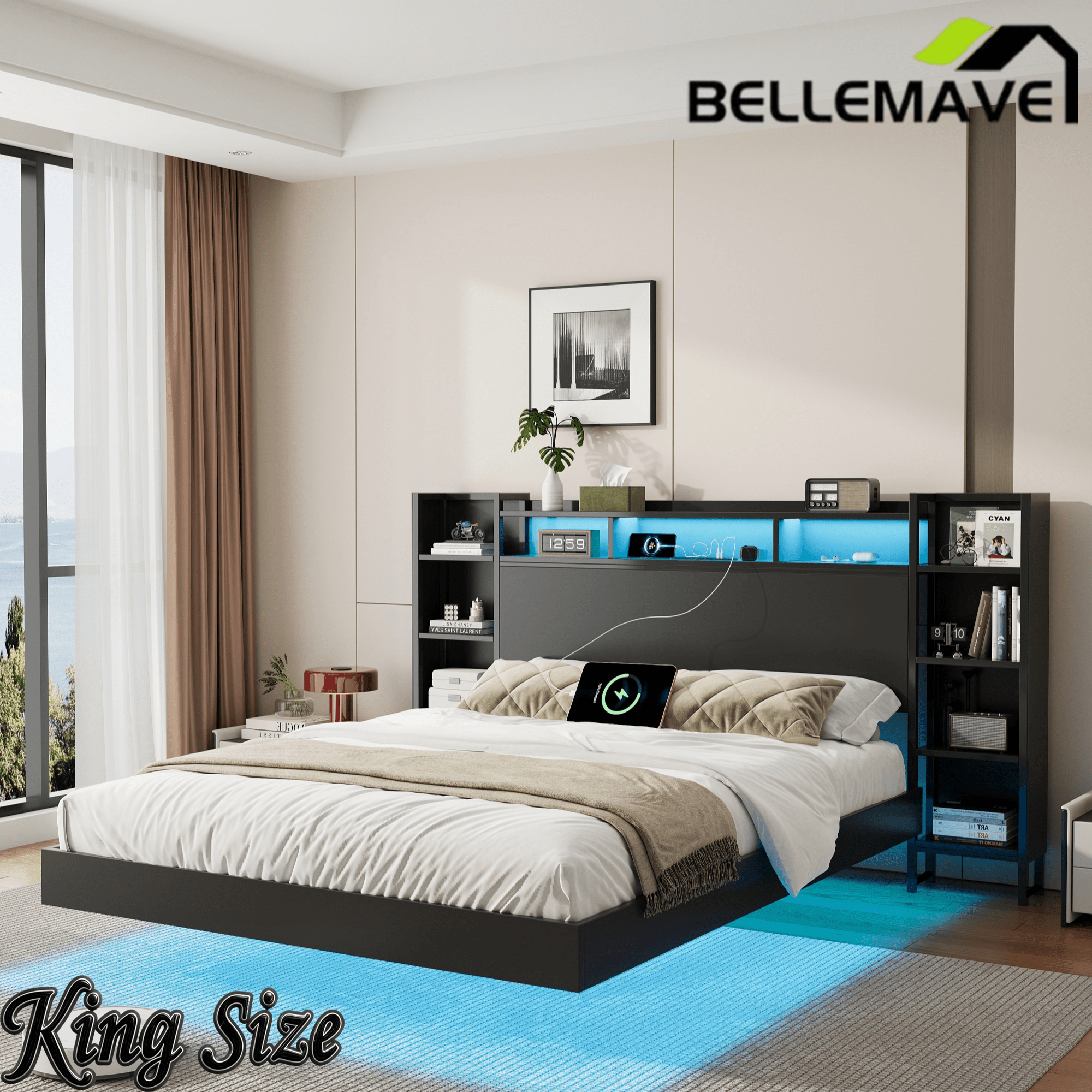 Bellemave® Floating Bed Frame with LED Lights, Storage Headboard & Charing Station, Metal Platform Bed, No Box Spring Need - Bellemave