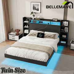 Bellemave® Floating Bed Frame with LED Lights, Storage Headboard & Charing Station, Metal Platform Bed, No Box Spring Need - Bellemave