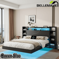 Bellemave® Floating Bed Frame with LED Lights, Storage Headboard & Charing Station, Metal Platform Bed, No Box Spring Need - Bellemave