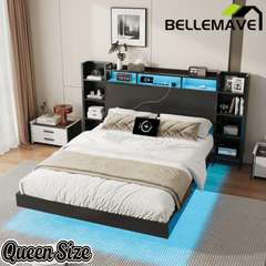 Bellemave® Floating Bed Frame with LED Lights, Storage Headboard & Charing Station, Metal Platform Bed, No Box Spring Need - Bellemave