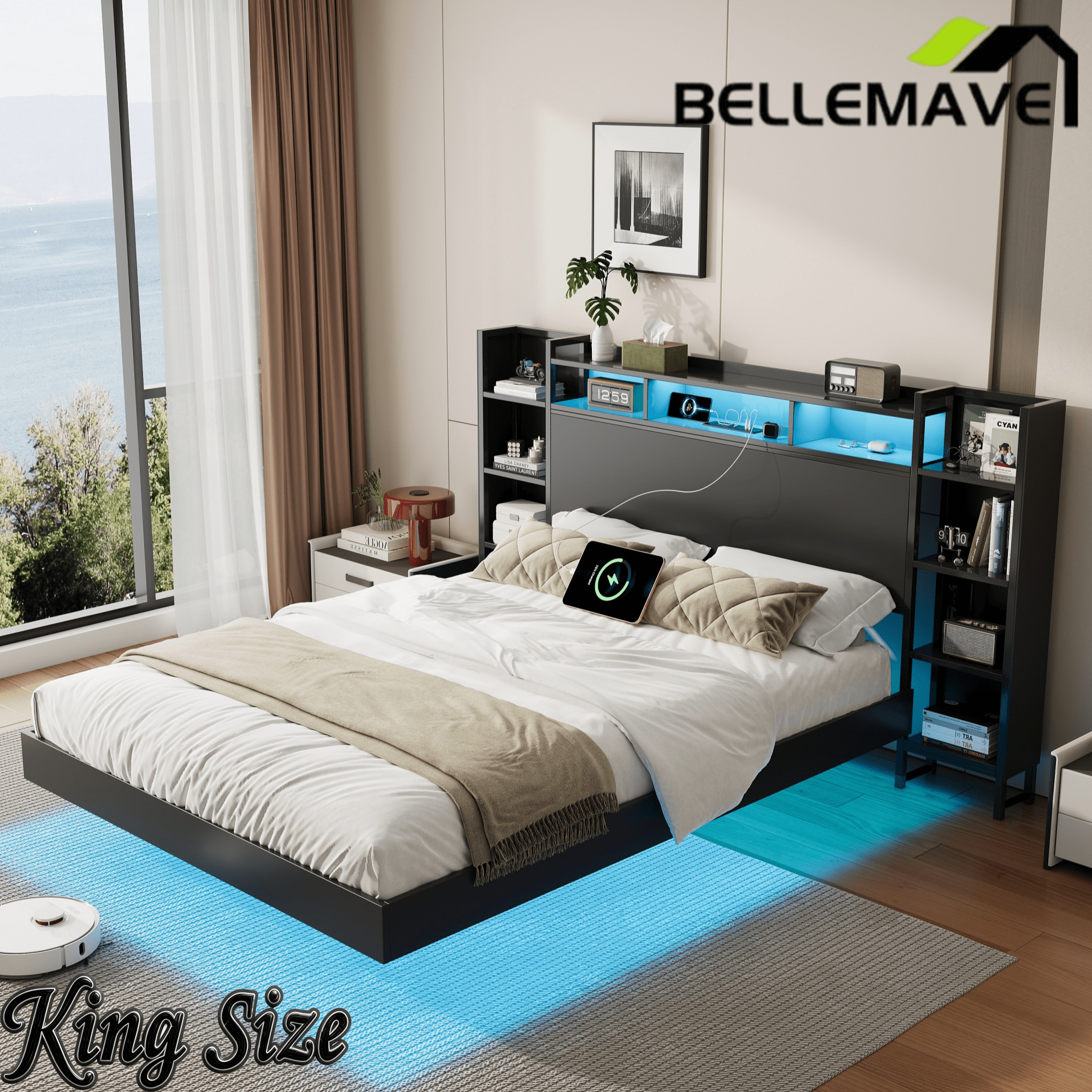 Bellemave® Floating Bed Frame with LED Lights, Storage Headboard & Charing Station, Metal Platform Bed, No Box Spring Need - Bellemave