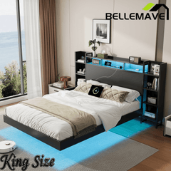 Bellemave® Floating Bed Frame with LED Lights, Storage Headboard & Charing Station, Metal Platform Bed, No Box Spring Need - Bellemave