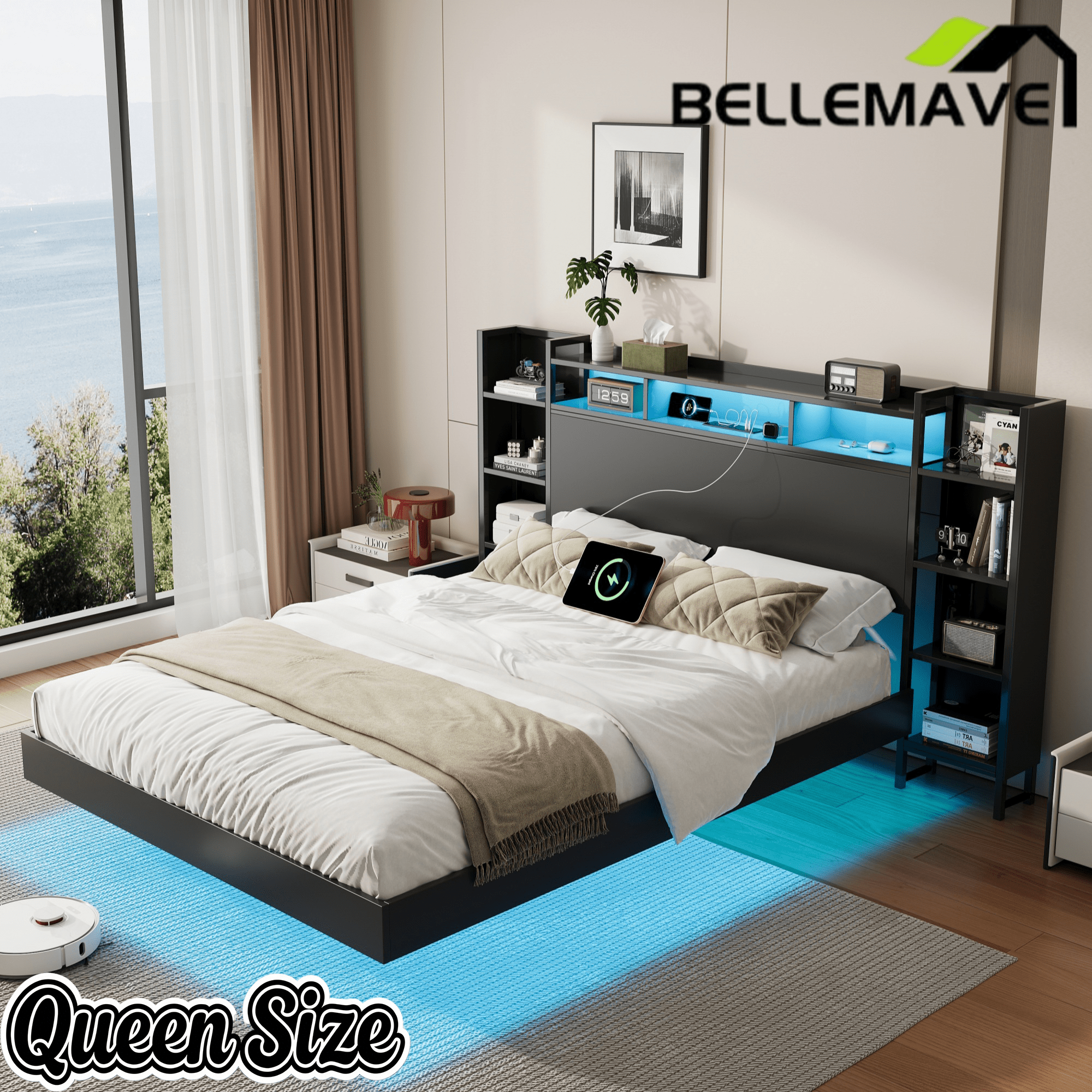 Bellemave® Floating Bed Frame with LED Lights, Storage Headboard & Charing Station, Metal Platform Bed, No Box Spring Need - Bellemave