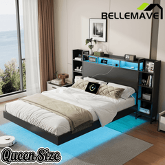 Bellemave® Floating Bed Frame with LED Lights, Storage Headboard & Charing Station, Metal Platform Bed, No Box Spring Need - Bellemave