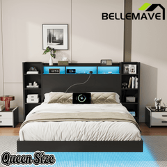Bellemave® Floating Bed Frame with LED Lights, Storage Headboard & Charing Station, Metal Platform Bed, No Box Spring Need - Bellemave