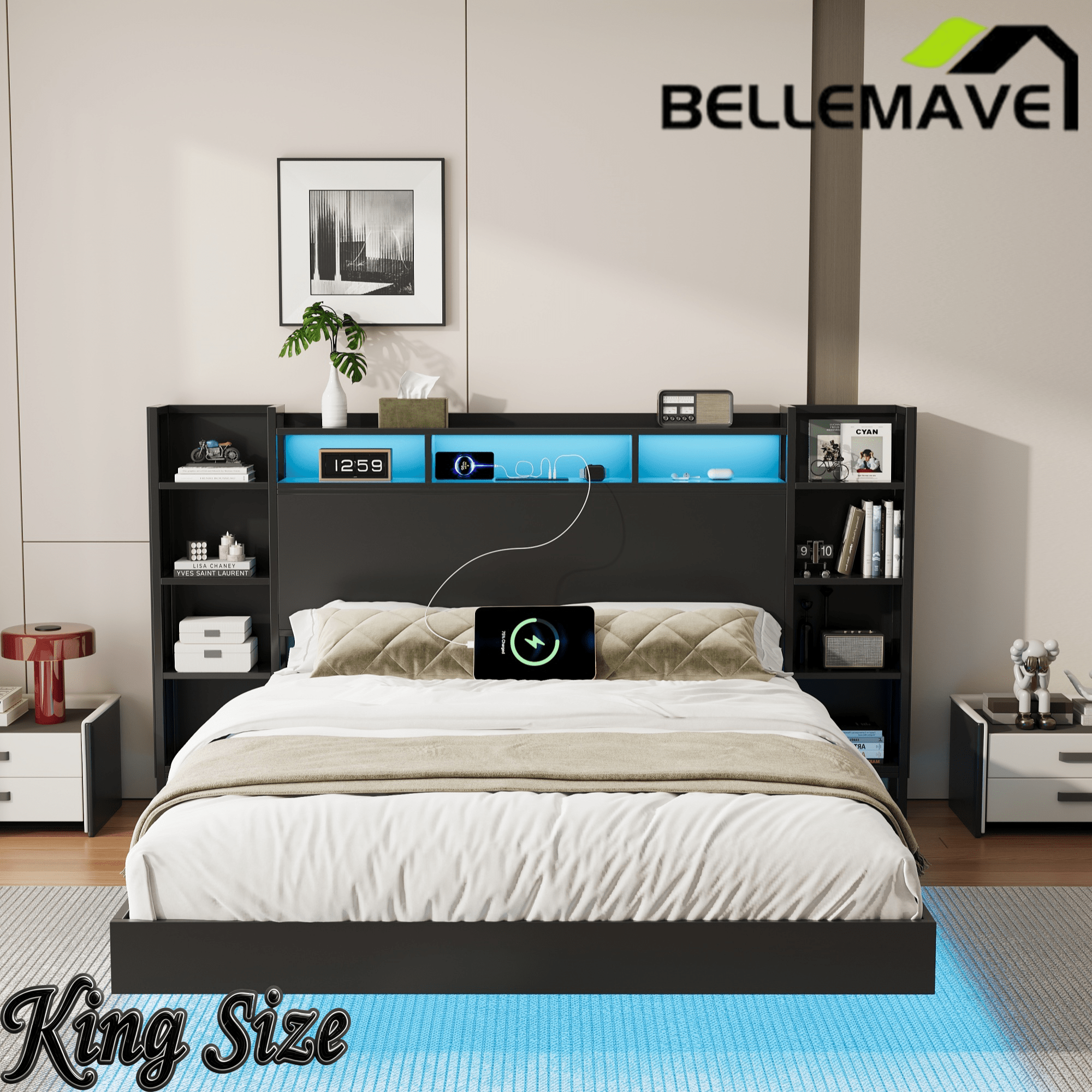 Bellemave® Floating Bed Frame with LED Lights, Storage Headboard & Charing Station, Metal Platform Bed, No Box Spring Need - Bellemave