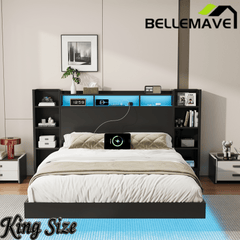 Bellemave® Floating Bed Frame with LED Lights, Storage Headboard & Charing Station, Metal Platform Bed, No Box Spring Need - Bellemave