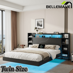 Bellemave® Floating Bed Frame with LED Lights, Storage Headboard & Charing Station, Metal Platform Bed, No Box Spring Need - Bellemave