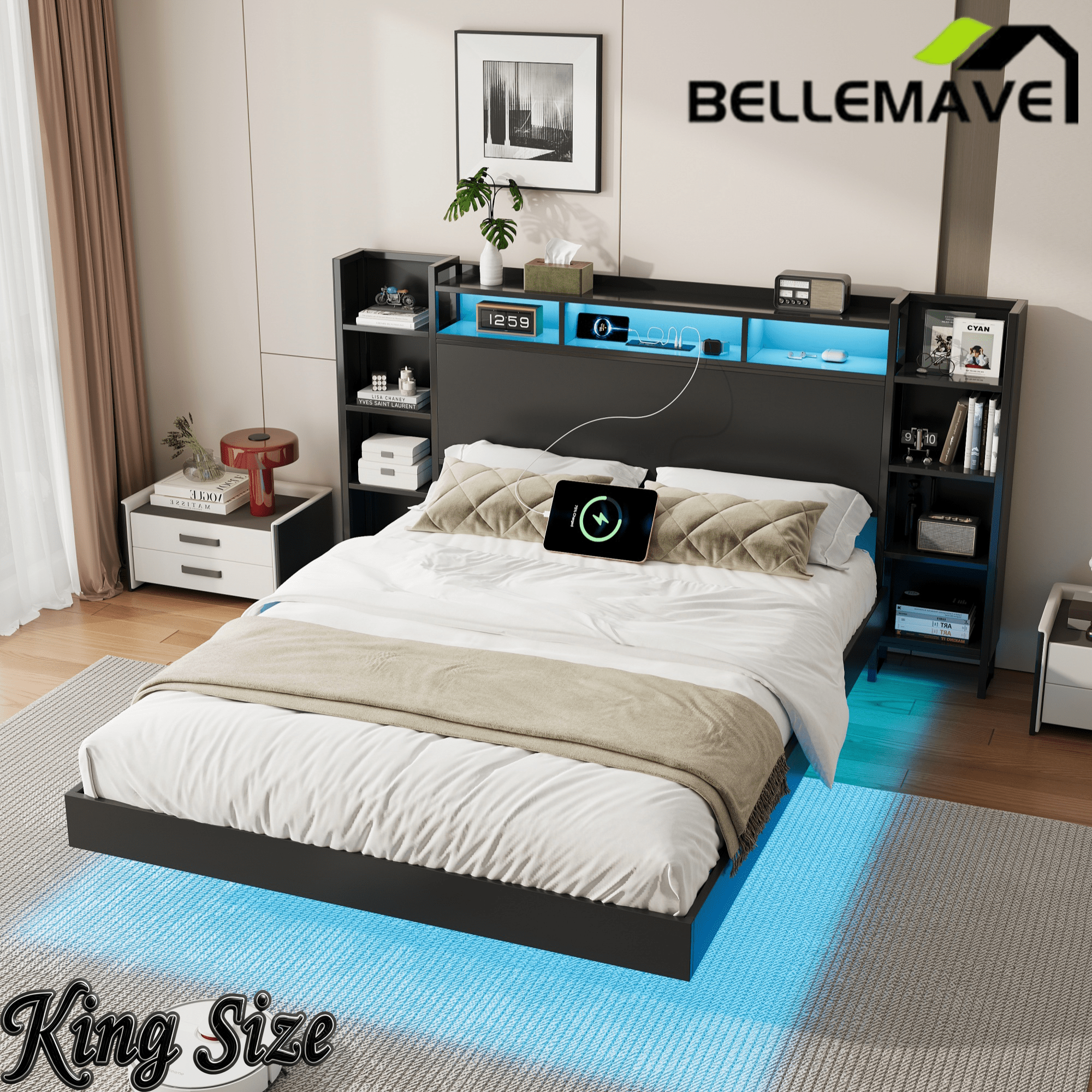 Bellemave® Floating Bed Frame with LED Lights, Storage Headboard & Charing Station, Metal Platform Bed, No Box Spring Need - Bellemave