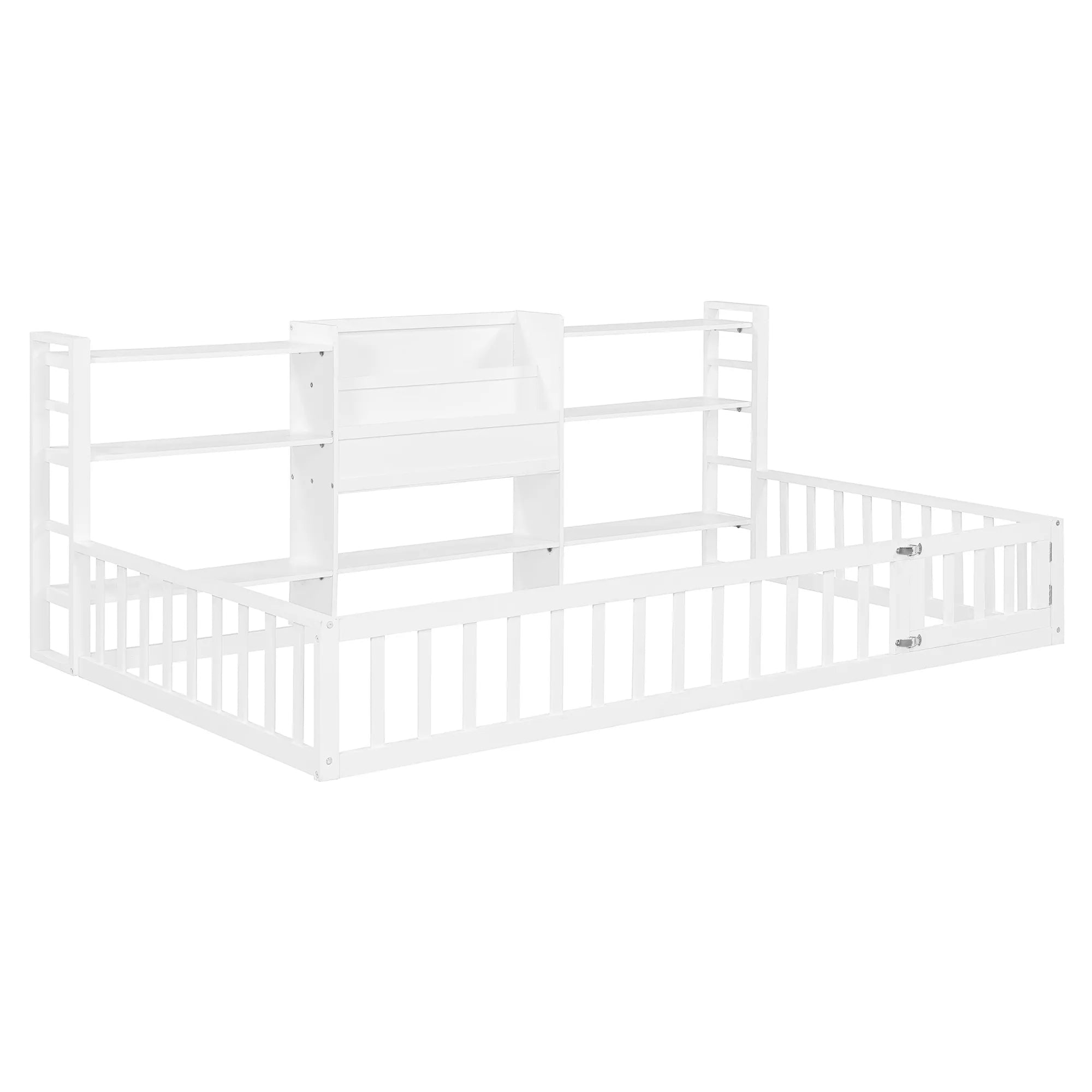 Bellemave® Floor Bed Frame with Bookcase and 3-Tier Storage Shelves, Montessori Style Kids Bed with Safety Fence - Bellemave