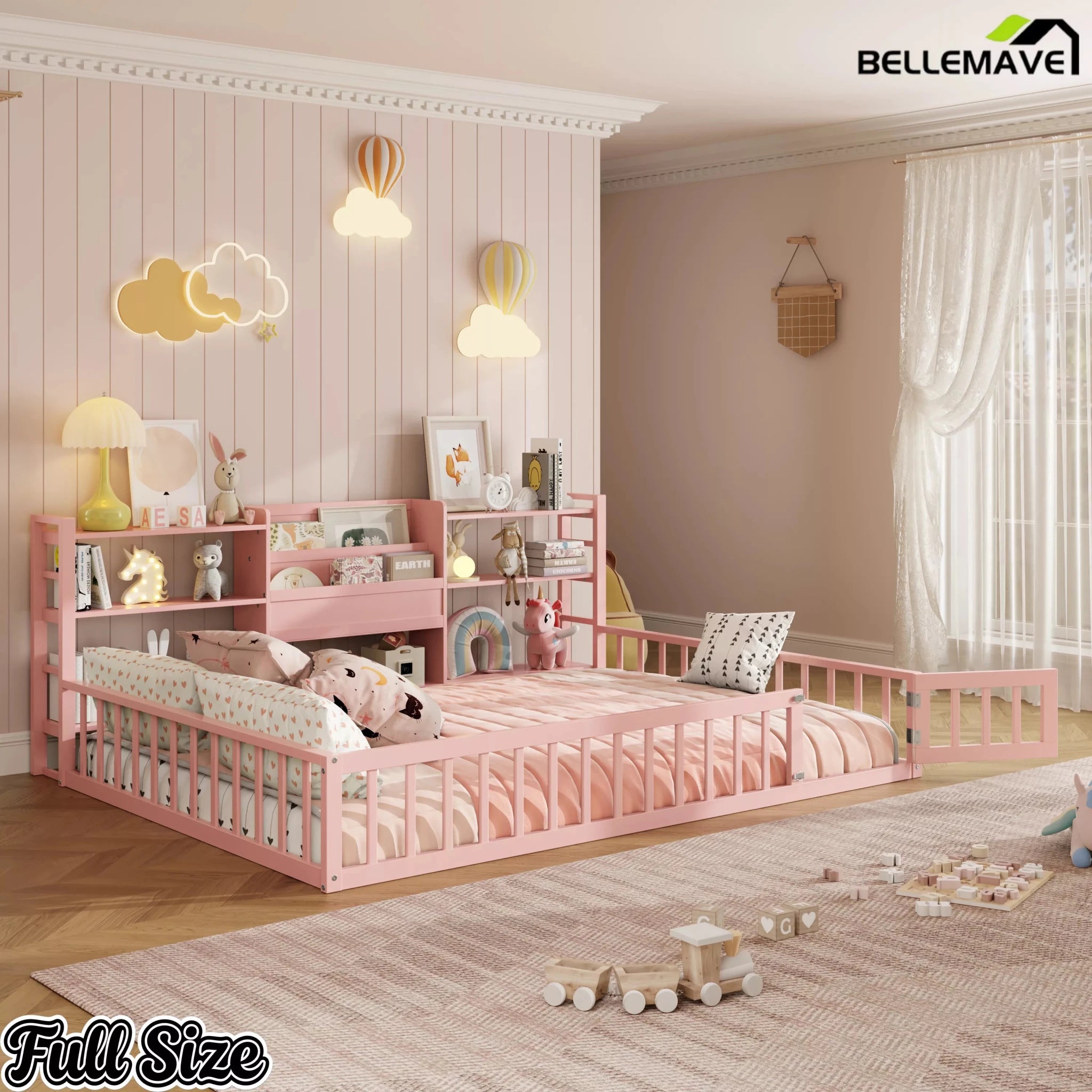 Bellemave® Floor Bed Frame with Bookcase and 3-Tier Storage Shelves, Montessori Style Kids Bed with Safety Fence - Bellemave