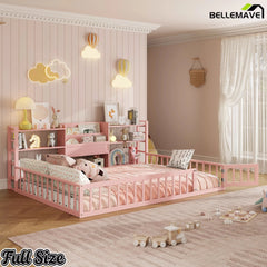 Bellemave® Floor Bed Frame with Bookcase and 3-Tier Storage Shelves, Montessori Style Kids Bed with Safety Fence - Bellemave