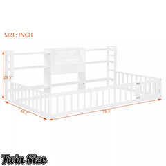 Bellemave® Floor Bed Frame with Bookcase and 3-Tier Storage Shelves, Montessori Style Kids Bed with Safety Fence - Bellemave