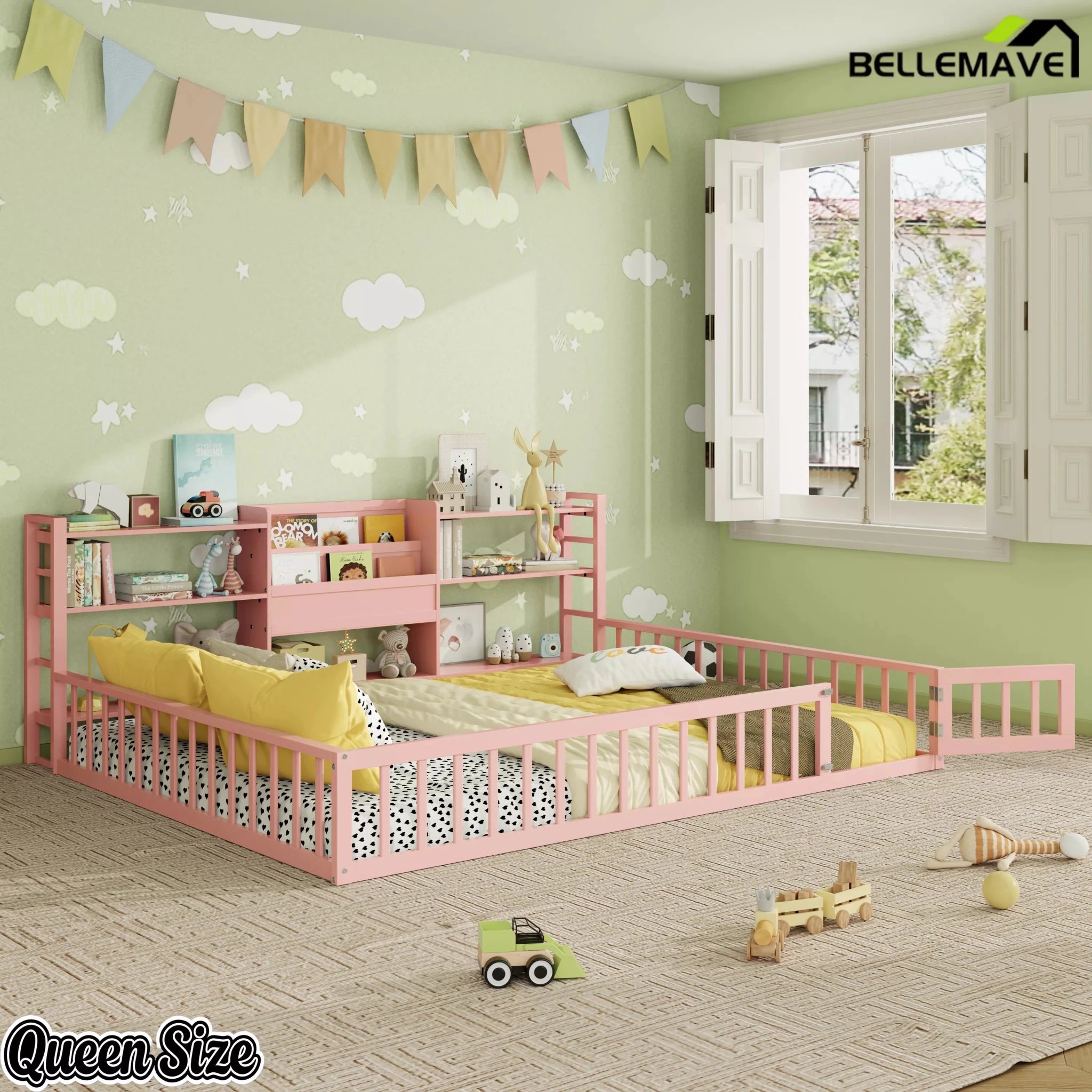 Bellemave® Floor Bed Frame with Bookcase and 3-Tier Storage Shelves, Montessori Style Kids Bed with Safety Fence - Bellemave