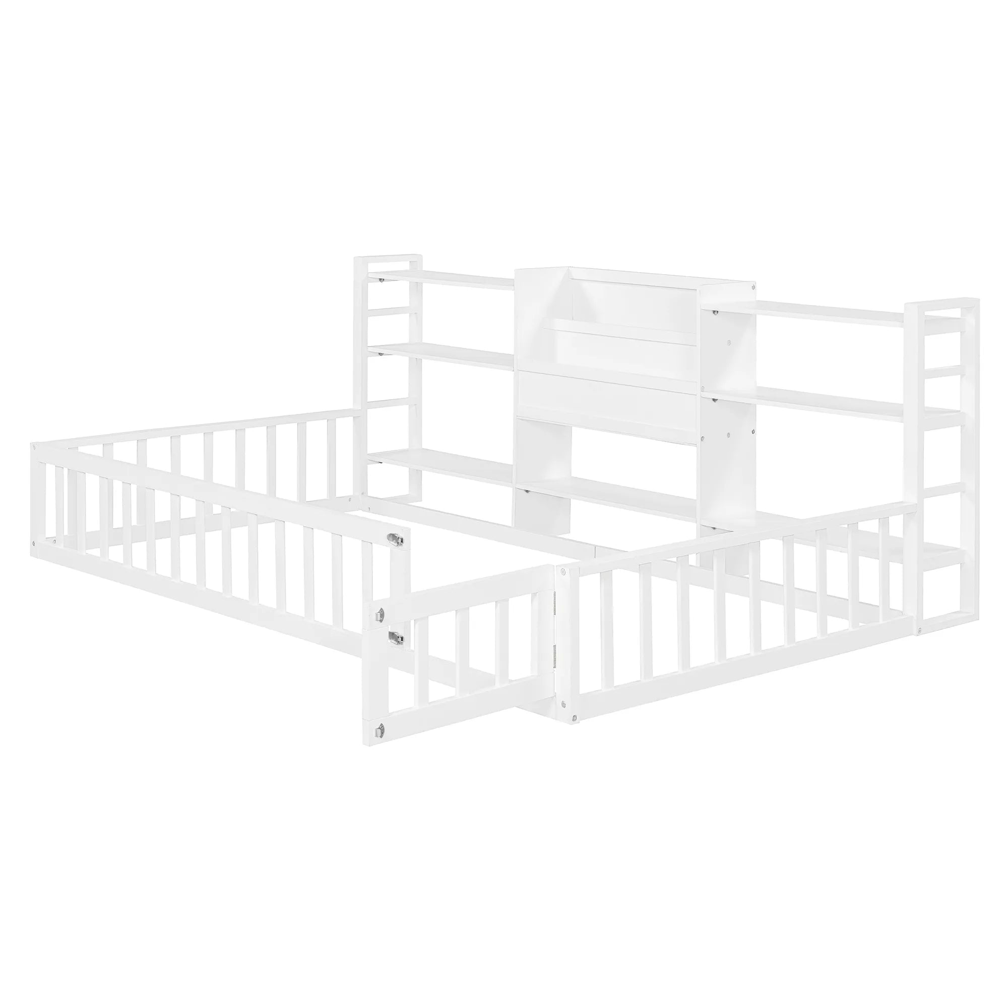 Bellemave® Floor Bed Frame with Bookcase and 3-Tier Storage Shelves, Montessori Style Kids Bed with Safety Fence - Bellemave