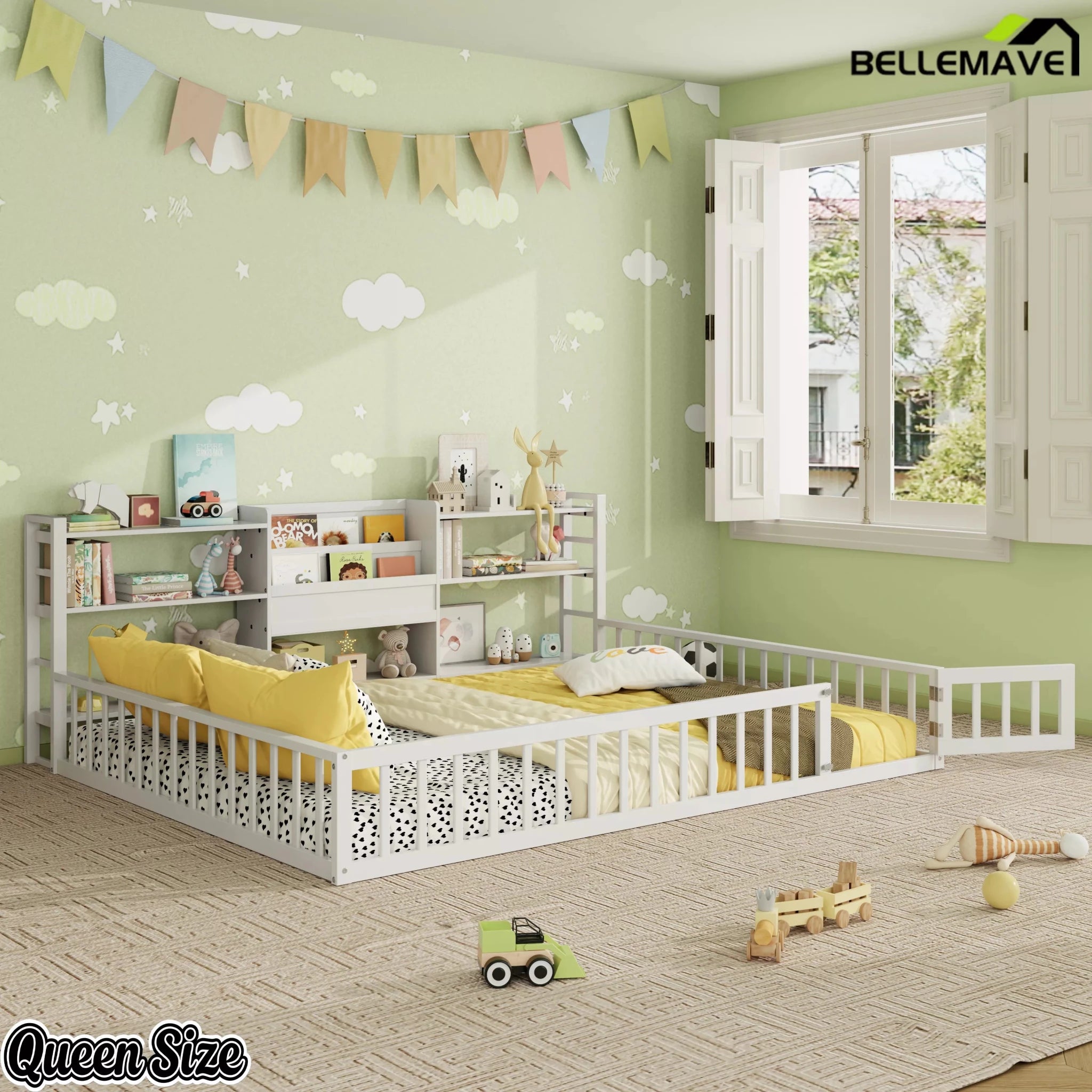 Bellemave® Floor Bed Frame with Bookcase and 3-Tier Storage Shelves, Montessori Style Kids Bed with Safety Fence - Bellemave