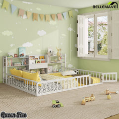 Bellemave® Floor Bed Frame with Bookcase and 3-Tier Storage Shelves, Montessori Style Kids Bed with Safety Fence - Bellemave