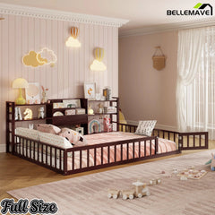 Bellemave® Floor Bed Frame with Bookcase and 3-Tier Storage Shelves, Montessori Style Kids Bed with Safety Fence - Bellemave