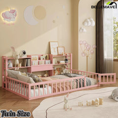 Bellemave® Floor Bed Frame with Bookcase and 3-Tier Storage Shelves, Montessori Style Kids Bed with Safety Fence - Bellemave