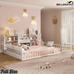 Bellemave® Floor Bed Frame with Bookcase and 3-Tier Storage Shelves, Montessori Style Kids Bed with Safety Fence - Bellemave