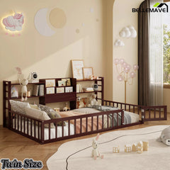 Bellemave® Floor Bed Frame with Bookcase and 3-Tier Storage Shelves, Montessori Style Kids Bed with Safety Fence - Bellemave