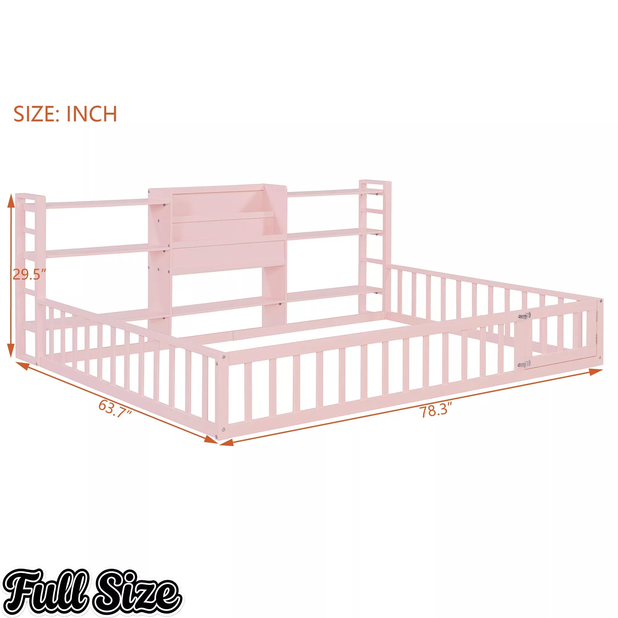 Bellemave® Floor Bed Frame with Bookcase and 3-Tier Storage Shelves, Montessori Style Kids Bed with Safety Fence - Bellemave