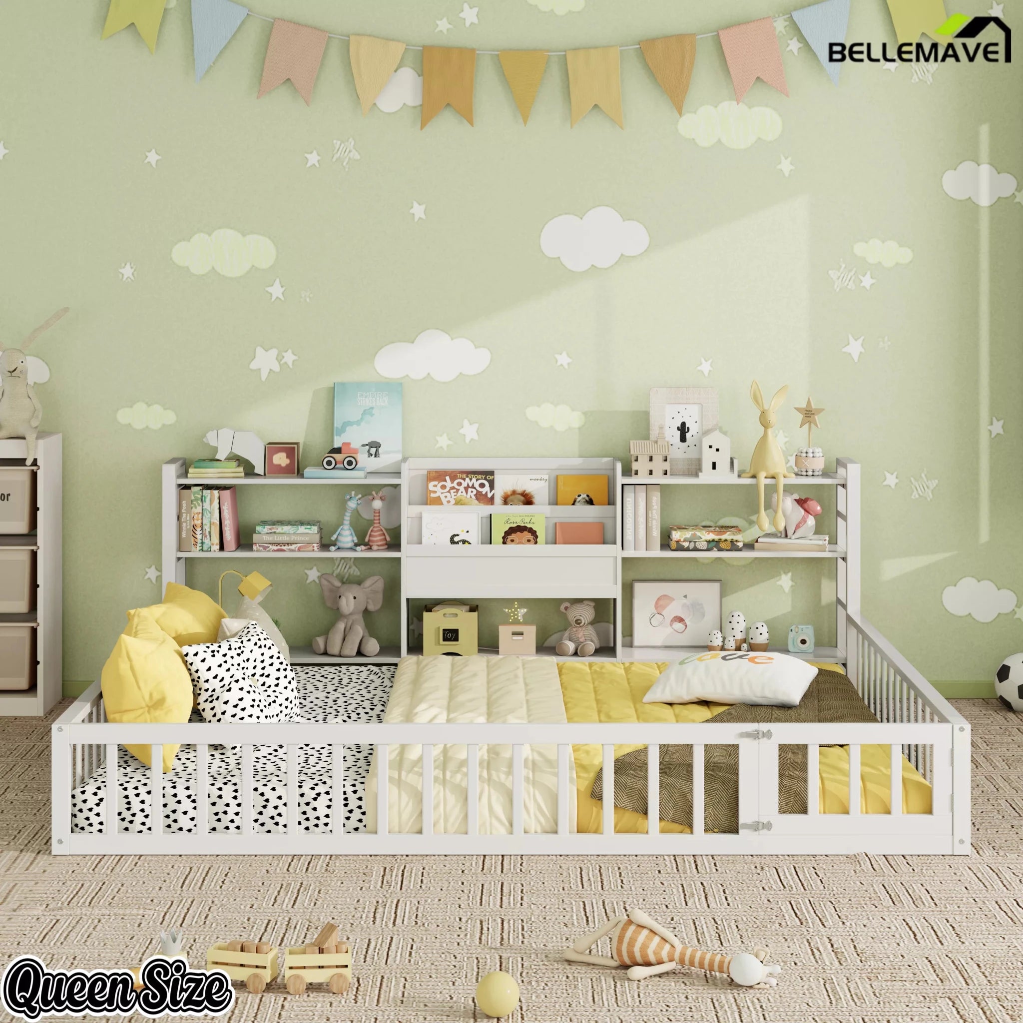 Bellemave® Floor Bed Frame with Bookcase and 3-Tier Storage Shelves, Montessori Style Kids Bed with Safety Fence - Bellemave