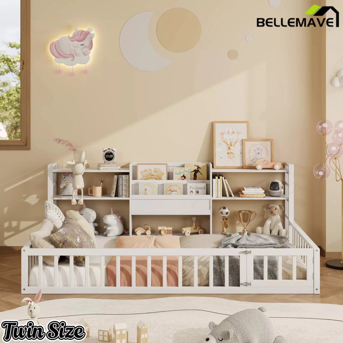 Bellemave® Floor Bed Frame with Bookcase and 3-Tier Storage Shelves, Montessori Style Kids Bed with Safety Fence - Bellemave