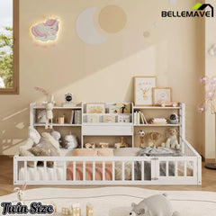 Bellemave® Floor Bed Frame with Bookcase and 3-Tier Storage Shelves, Montessori Style Kids Bed with Safety Fence - Bellemave