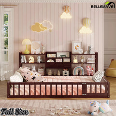 Bellemave® Floor Bed Frame with Bookcase and 3-Tier Storage Shelves, Montessori Style Kids Bed with Safety Fence - Bellemave