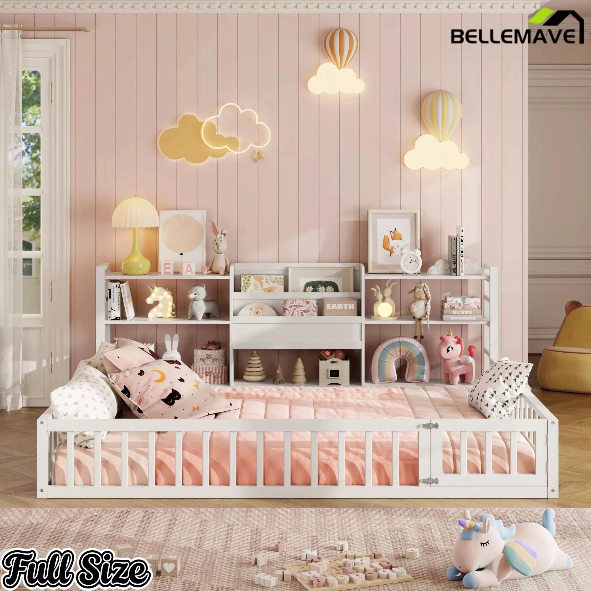 Bellemave® Floor Bed Frame with Bookcase and 3-Tier Storage Shelves, Montessori Style Kids Bed with Safety Fence - Bellemave