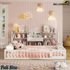 Bellemave® Floor Bed Frame with Bookcase and 3-Tier Storage Shelves, Montessori Style Kids Bed with Safety Fence - Bellemave