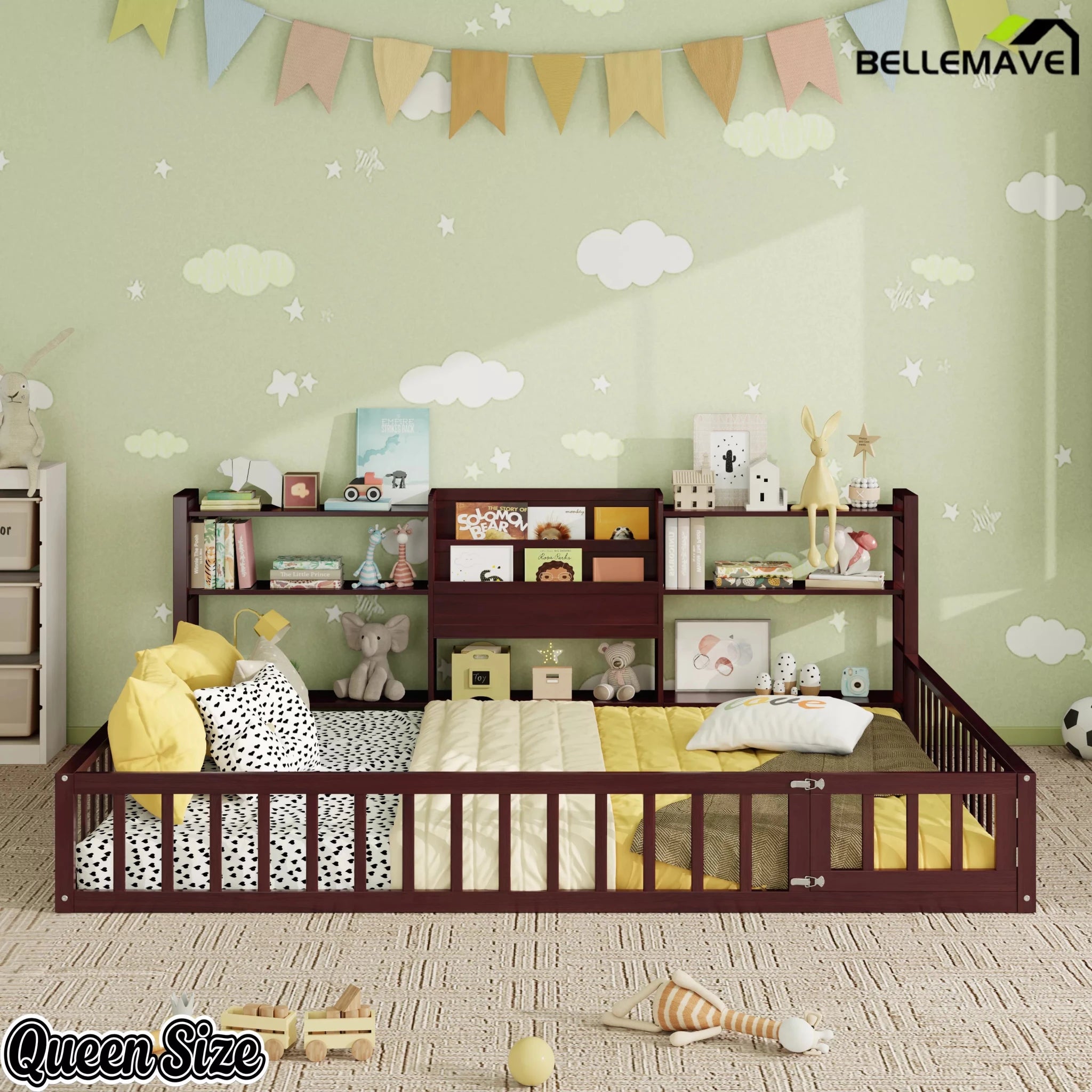 Bellemave® Floor Bed Frame with Bookcase and 3-Tier Storage Shelves, Montessori Style Kids Bed with Safety Fence - Bellemave