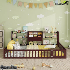 Bellemave® Floor Bed Frame with Bookcase and 3-Tier Storage Shelves, Montessori Style Kids Bed with Safety Fence - Bellemave