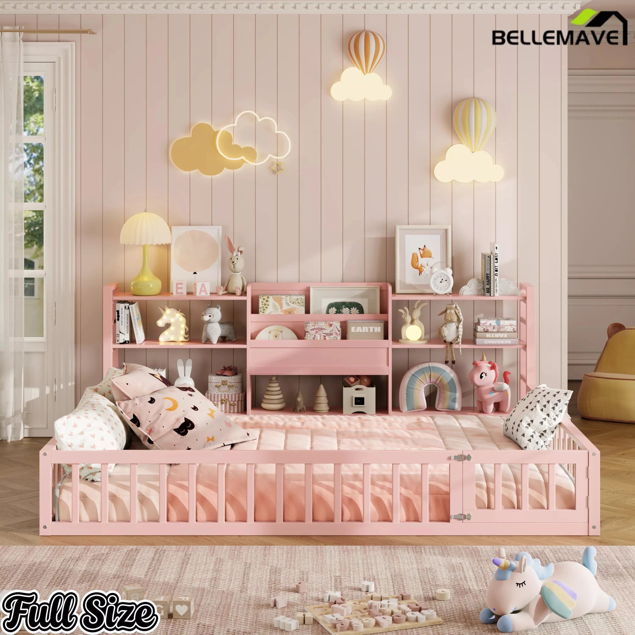 Bellemave® Floor Bed Frame with Bookcase and 3-Tier Storage Shelves, Montessori Style Kids Bed with Safety Fence - Bellemave