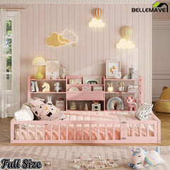 Bellemave® Floor Bed Frame with Bookcase and 3-Tier Storage Shelves, Montessori Style Kids Bed with Safety Fence - Bellemave