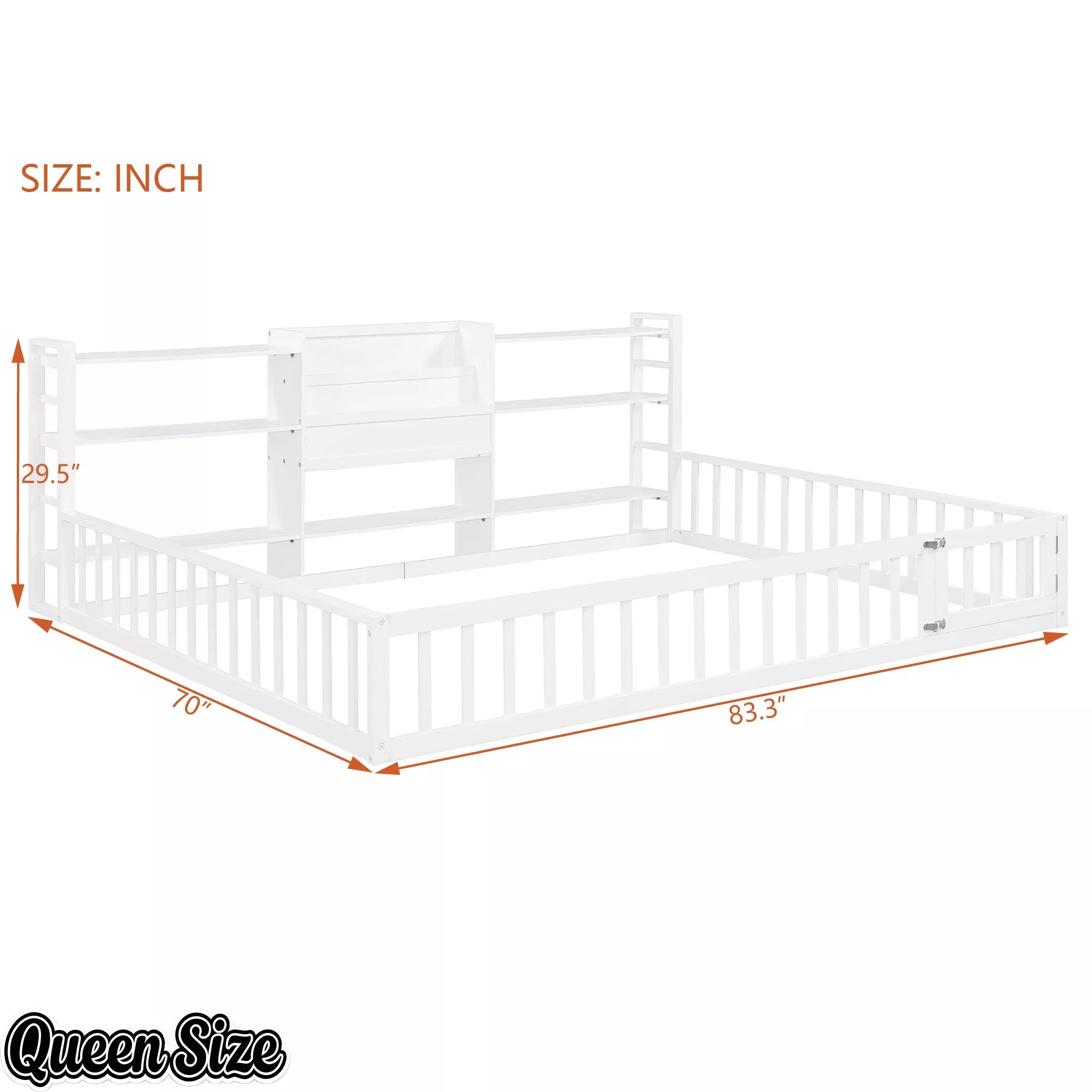 Bellemave® Floor Bed Frame with Bookcase and 3-Tier Storage Shelves, Montessori Style Kids Bed with Safety Fence - Bellemave