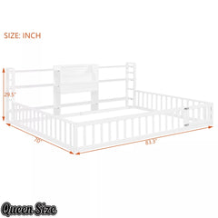 Bellemave® Floor Bed Frame with Bookcase and 3-Tier Storage Shelves, Montessori Style Kids Bed with Safety Fence - Bellemave