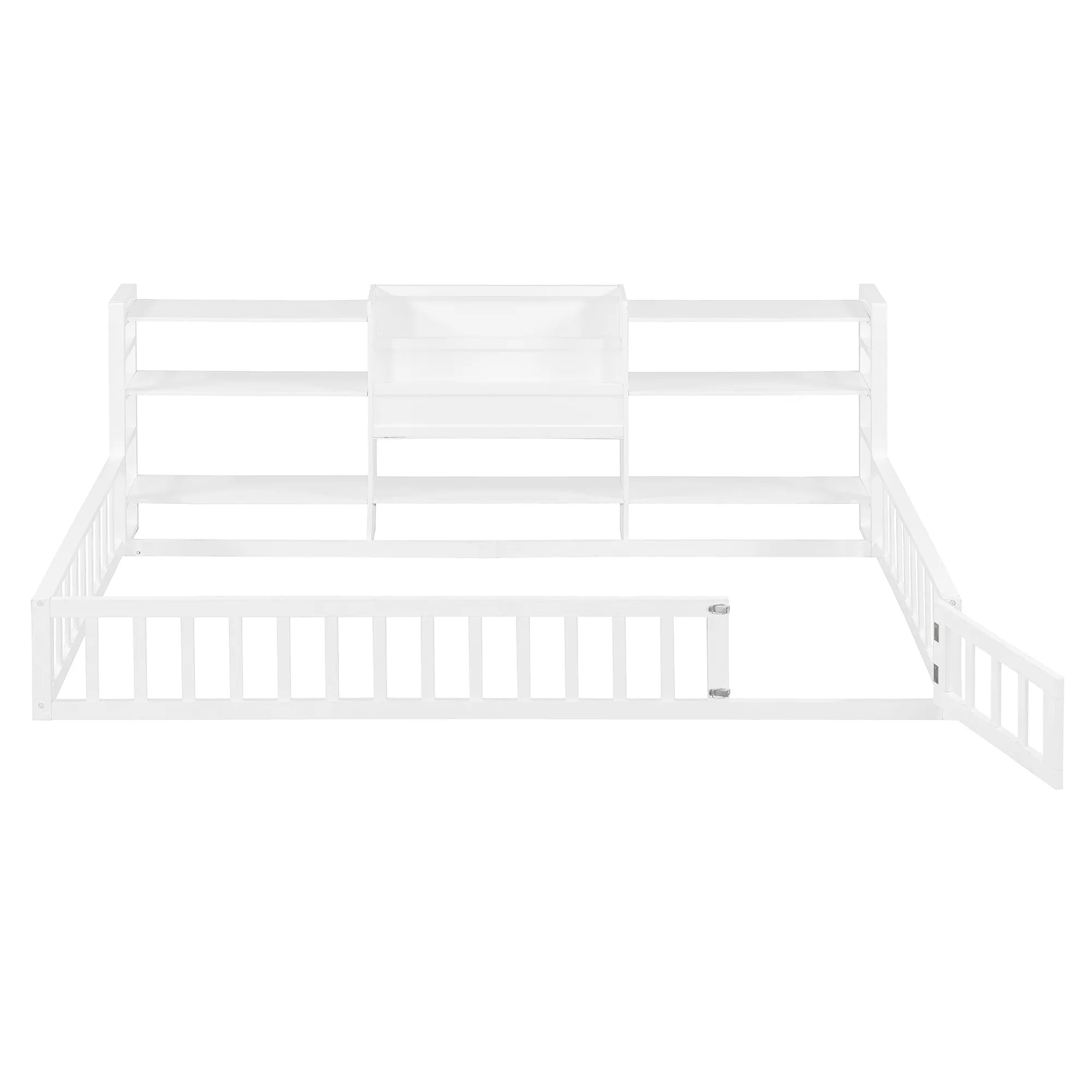 Bellemave® Floor Bed Frame with Bookcase and 3-Tier Storage Shelves, Montessori Style Kids Bed with Safety Fence - Bellemave