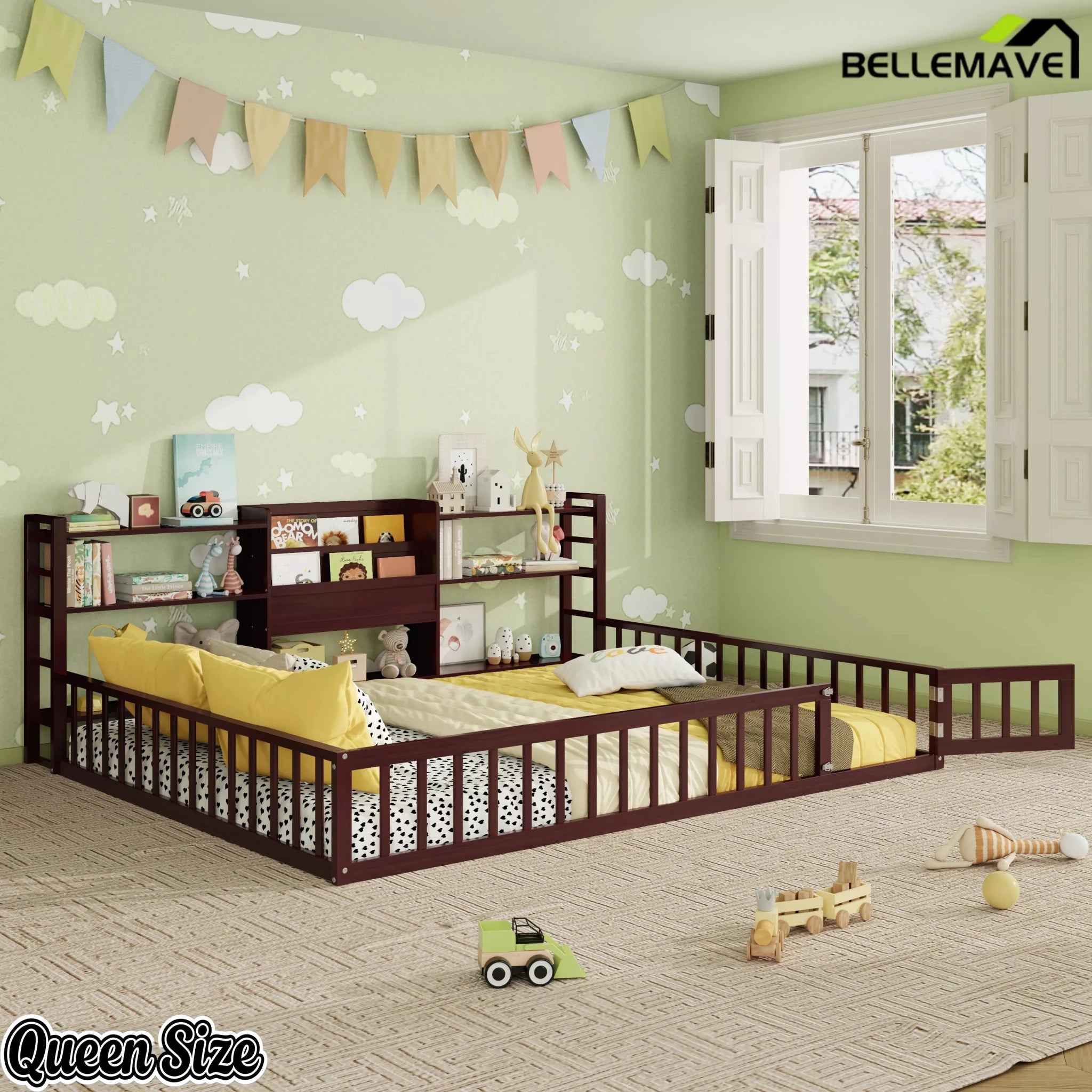 Bellemave® Floor Bed Frame with Bookcase and 3-Tier Storage Shelves, Montessori Style Kids Bed with Safety Fence - Bellemave