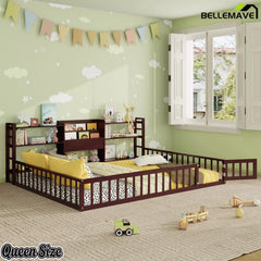 Bellemave® Floor Bed Frame with Bookcase and 3-Tier Storage Shelves, Montessori Style Kids Bed with Safety Fence - Bellemave
