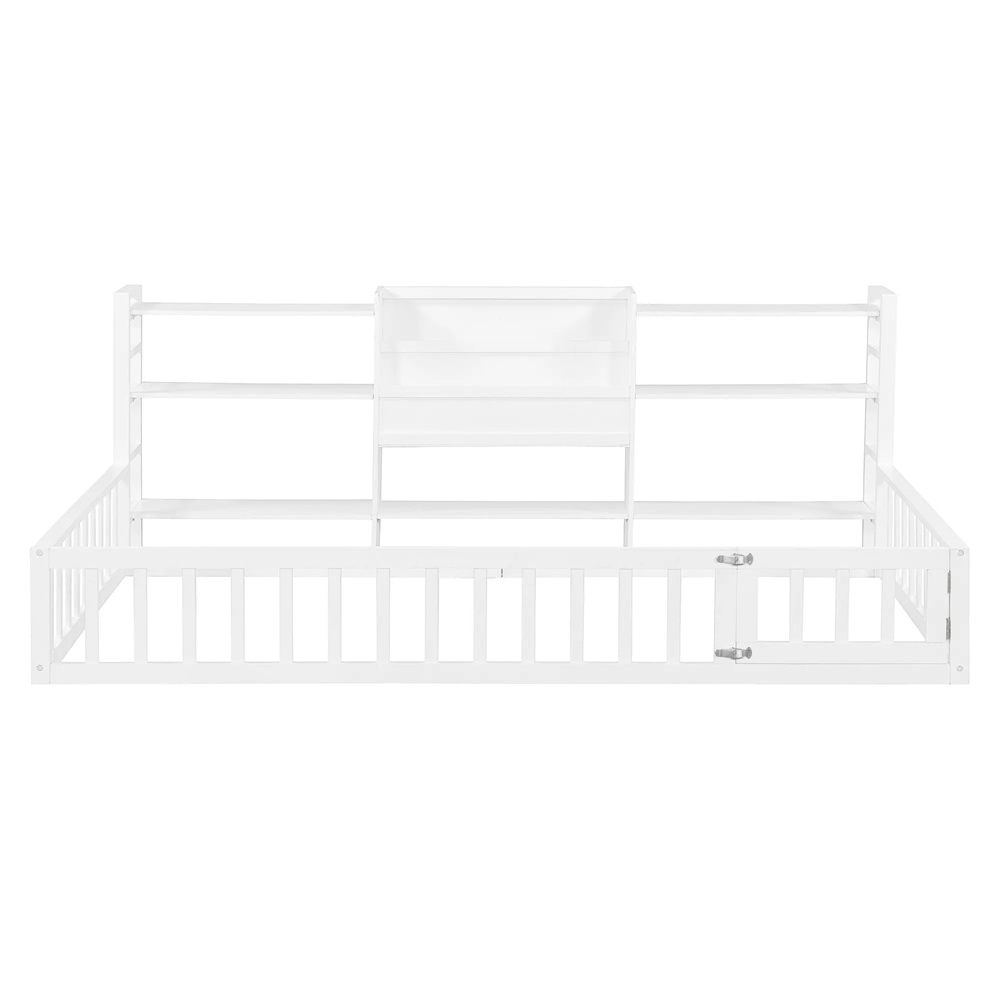 Bellemave® Floor Bed Frame with Bookcase and 3-Tier Storage Shelves, Montessori Style Kids Bed with Safety Fence - Bellemave