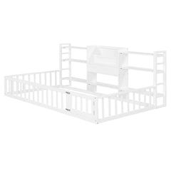 Bellemave® Floor Bed Frame with Bookcase and 3-Tier Storage Shelves, Montessori Style Kids Bed with Safety Fence - Bellemave