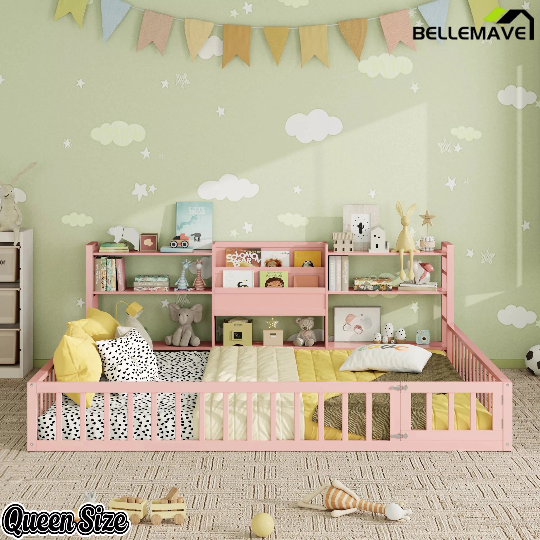 Bellemave® Floor Bed Frame with Bookcase and 3-Tier Storage Shelves, Montessori Style Kids Bed with Safety Fence - Bellemave