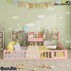 Bellemave® Floor Bed Frame with Bookcase and 3-Tier Storage Shelves, Montessori Style Kids Bed with Safety Fence - Bellemave