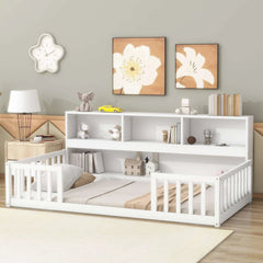 Bellemave® Floor Bed with Bedside Bookcase,Shelves,Guardrails - Bellemave